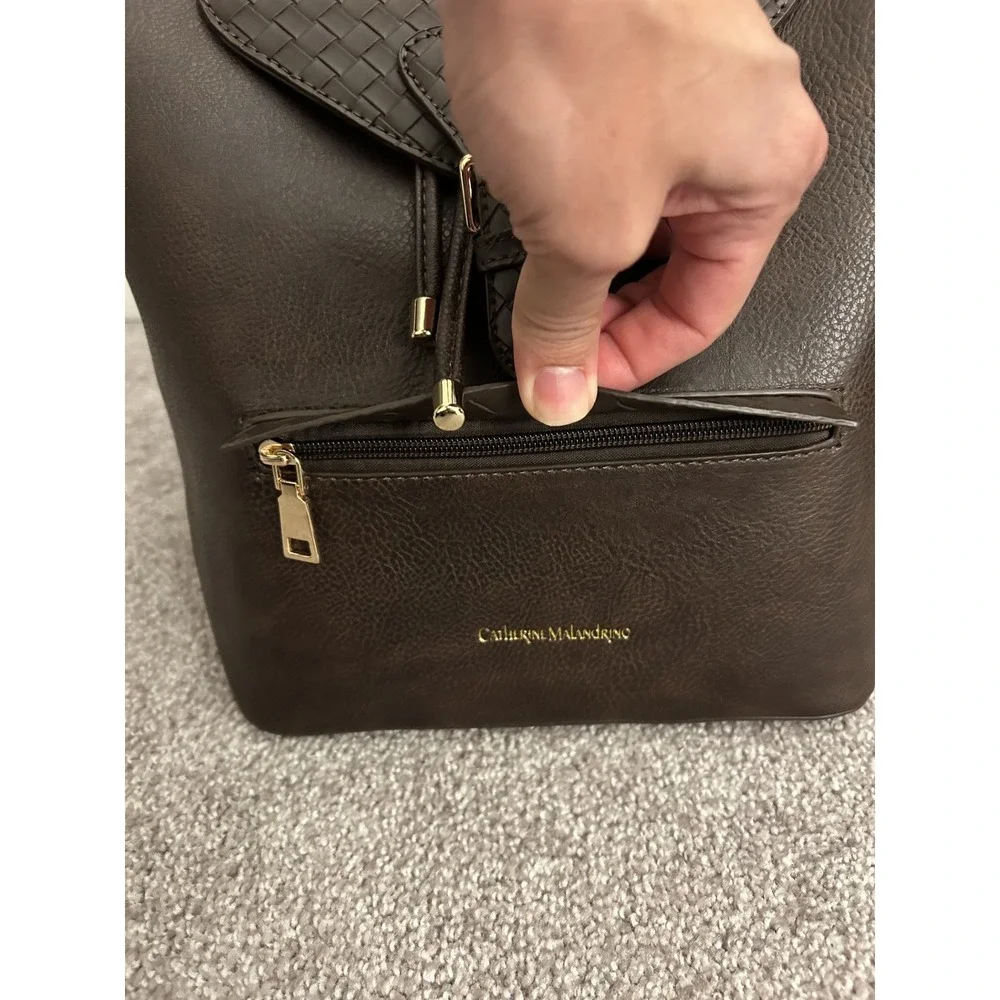 Catherine Malandrino Backpack Womens OS Brown New Woven Faux Leather Drawstring